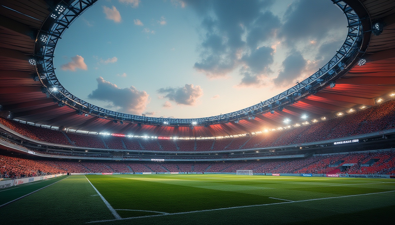 Prompt: Modern soccer stadium, futuristic architecture, sleek lines, geometric shapes, exposed steel beams, polished concrete floors, vibrant LED lights, dynamic curves, cantilevered roofs, grandstands with stepped seating, lush green grass, goalposts with nets, floodlights, scoreboard displays, evening atmosphere, warm golden lighting, 3/4 composition, dramatic shadows, cinematic mood.