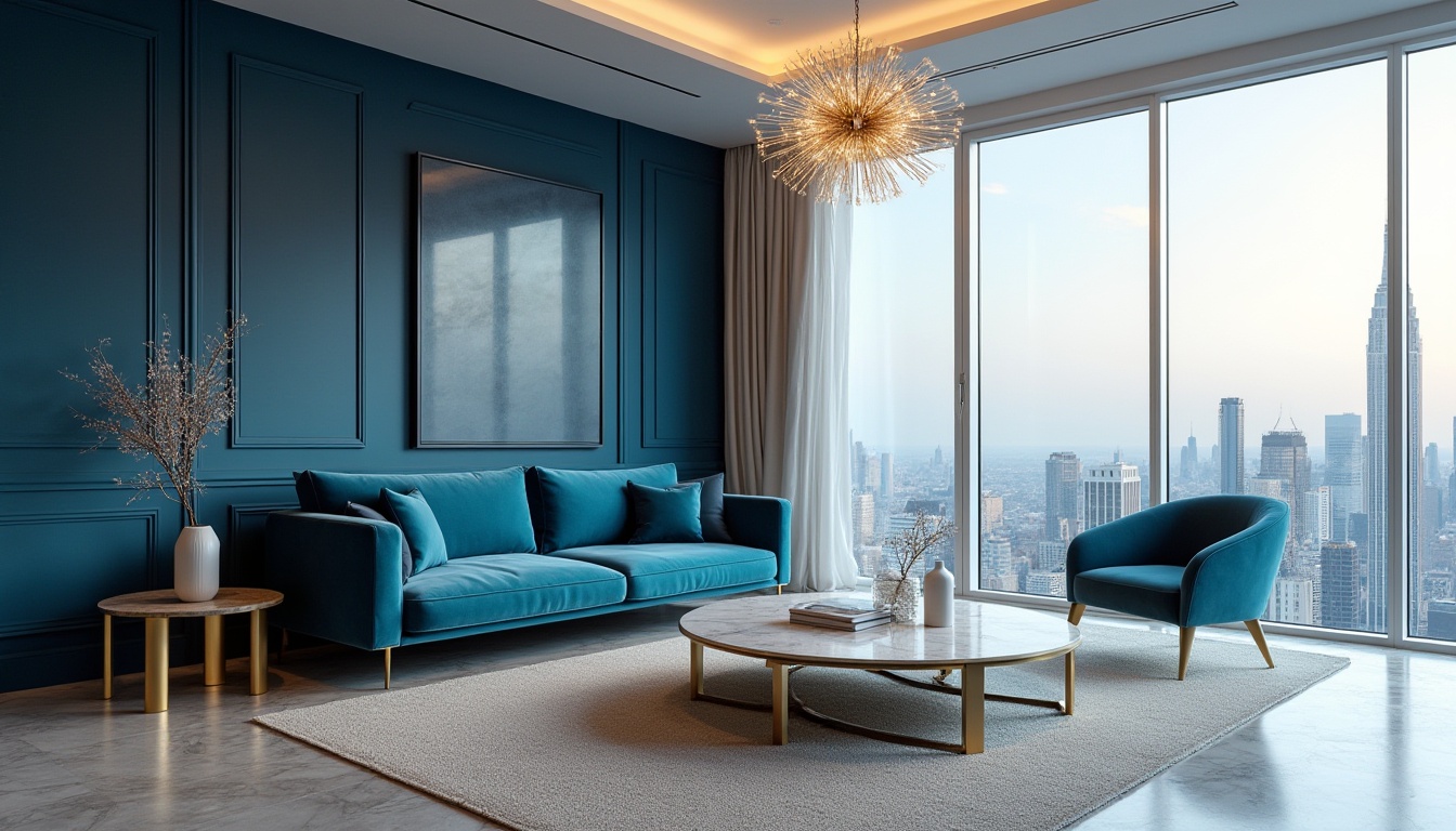 Prompt: Luxurious modern living room, sapphire accent wall, velvet sofa, golden legs, marble coffee table, crystal chandelier, floor-to-ceiling windows, city skyline view, daytime, soft natural light, 3/4 composition, shallow depth of field, elegant atmosphere, high-end material, sleek lines, sophisticated color palette.