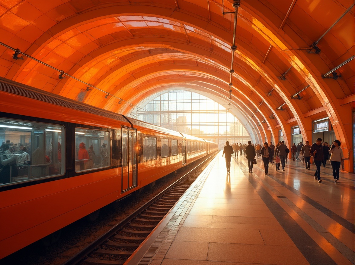 Prompt: Vibrant orange, bold modern train station, futuristic architecture, sleek lines, angular shapes, metallic materials, glossy finish, large glass windows, bright lighting, urban cityscape, bustling atmosphere, crowds of people, rush hour, morning sunlight, warm color tone, high-contrast, sharp focus, shallow depth of field, dramatic composition, panoramic view.