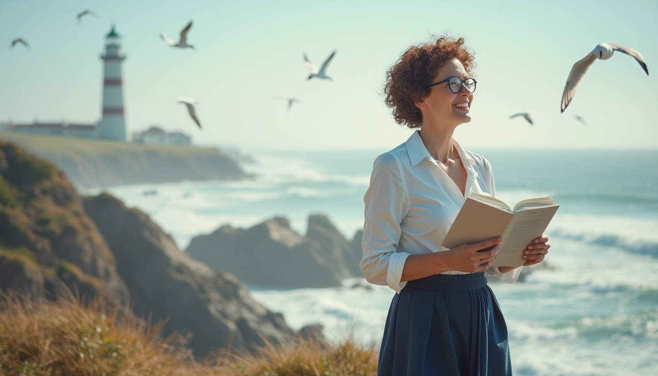 Prompt: Mature lady, professor, solo, (35yo), short curly brown hair, glasses, elegant smile, white blouse, dark blue skirt, loafers, holding a book, standing, watching towers, coastal scenery, sunny day, seagulls flying overhead, lighthouse in the distance, rocky cliffs, crashing waves, salty air, soft warm lighting, cinematic composition, 3/4 view, gentle focus on the subject.