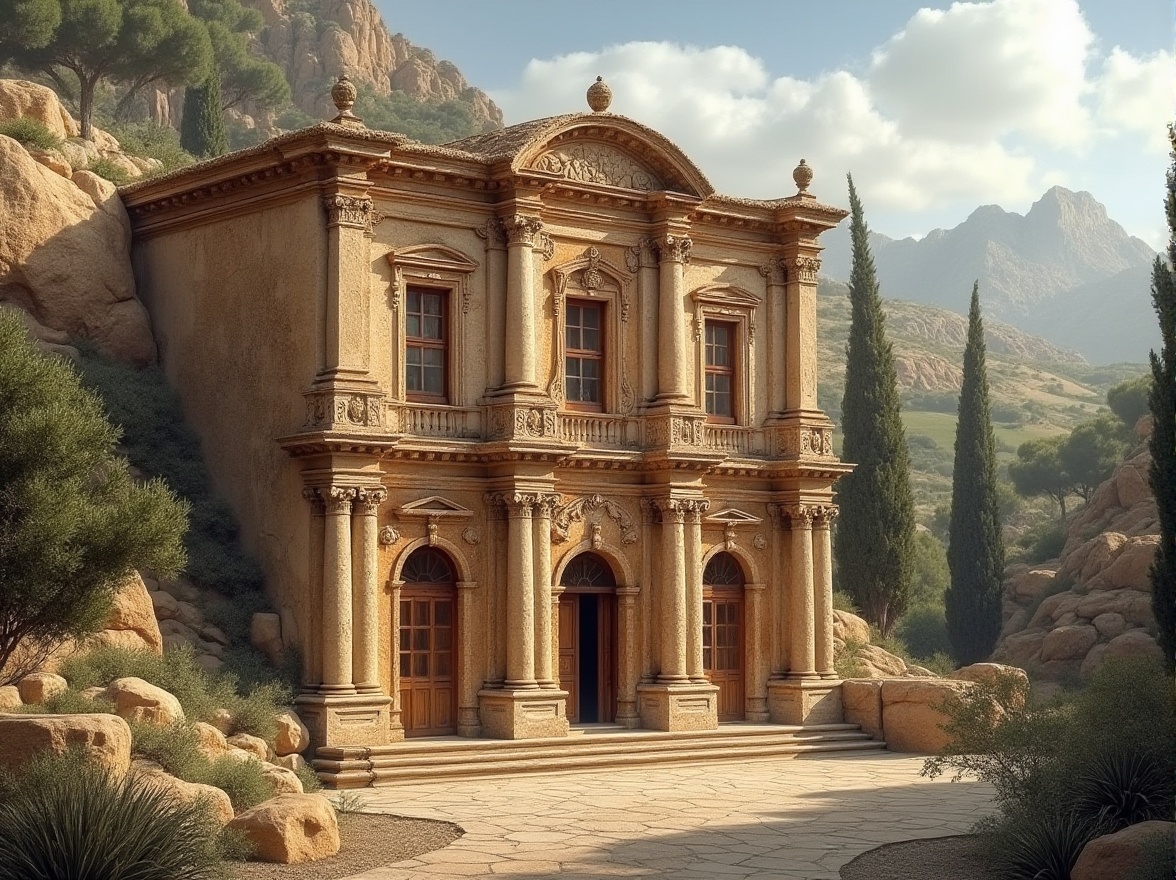 Prompt: Sandstone building, ancient architecture, rustic texture, brown beige color, irregular stone shape, ornate carvings, grand entrance, majestic columns, sprawling villa, Tuscan style, Mediterranean landscape, cypress trees, olive groves, warm sunlight, soft shadows, natural ambiance, earthy tone, aged appearance, intricate details, weathered surface, classical composition.