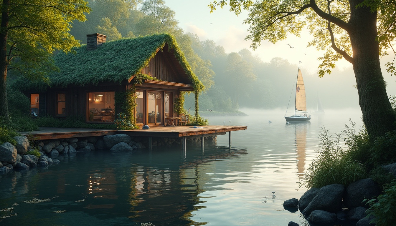 Prompt: Waterfront boathouse, wooden structure, green roof, vines crawling up walls, natural materials, stone foundation, large windows, sliding glass doors, surrounded by lush forest, tall trees, overhanging branches, reflections on calm water, misty morning, warm sunlight filtering through leaves, rustic wooden dock, few sailboats moored, seagulls flying overhead, subtle ripples on the water surface, serene atmosphere, ambient lighting, natural color palette, earthy tones.