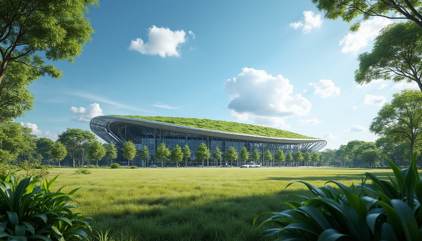 Prompt: Savanna stadium, successful case study, modern architecture, green roof, curved lines, glass façade, steel structure, lush greenery, tropical plants, African savanna landscape, sunny day, clear blue sky, few white clouds, dramatic shadows, low-angle shot, wide-angle lens, vibrant colors, high-contrast lighting, detailed textures.