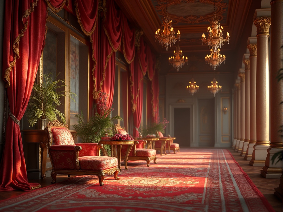 Prompt: Luxurious fabrics, intricate patterns, classic design, velvet drapes, golden tassels, rich brocade, ornate frames, antique furniture, opulent chandeliers, majestic columns, Renaissance-inspired architecture, grand ballroom, lavish interior, warm ambient lighting, soft focus, shallow depth of field, 3/4 composition.