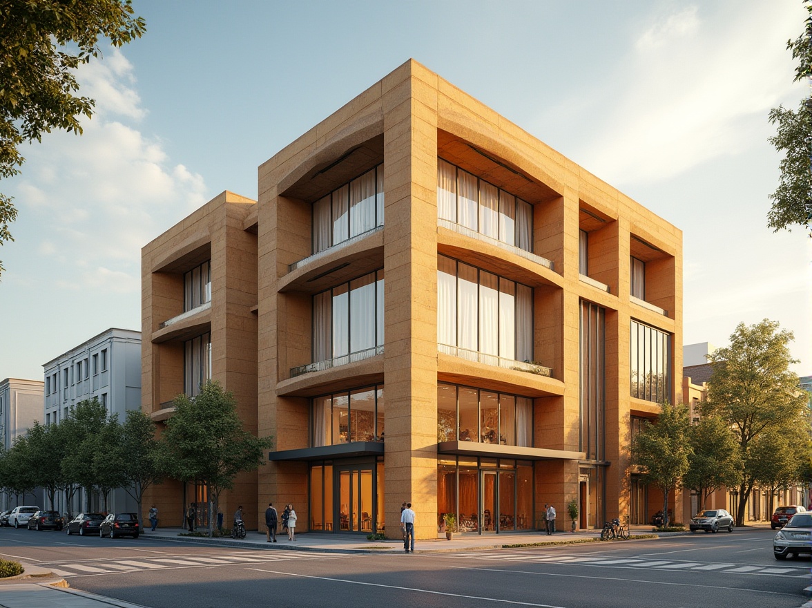 Prompt: Ocher-colored building, modern architecture, warm beige tone, rough stone texture, angular structure, grand entrance, symmetrical facade, large glass windows, steel frames, urban cityscape, bustling streets, afternoon sun, soft shadows, 3/4 composition, shallow depth of field, vibrant atmosphere, detailed rendering.