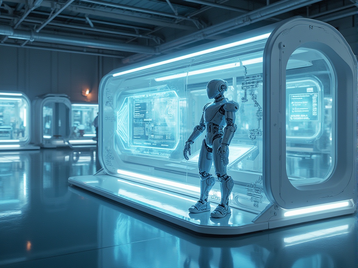 Prompt: Polycarbonate material, futuristic design, transparent panels, smooth curves, metallic frames, robotic limbs, neon lights, holographic displays, high-tech laboratory, sleek surfaces, reflective floors, minimalist decor, angular lines, industrial atmosphere, 3/4 composition, low-key lighting.