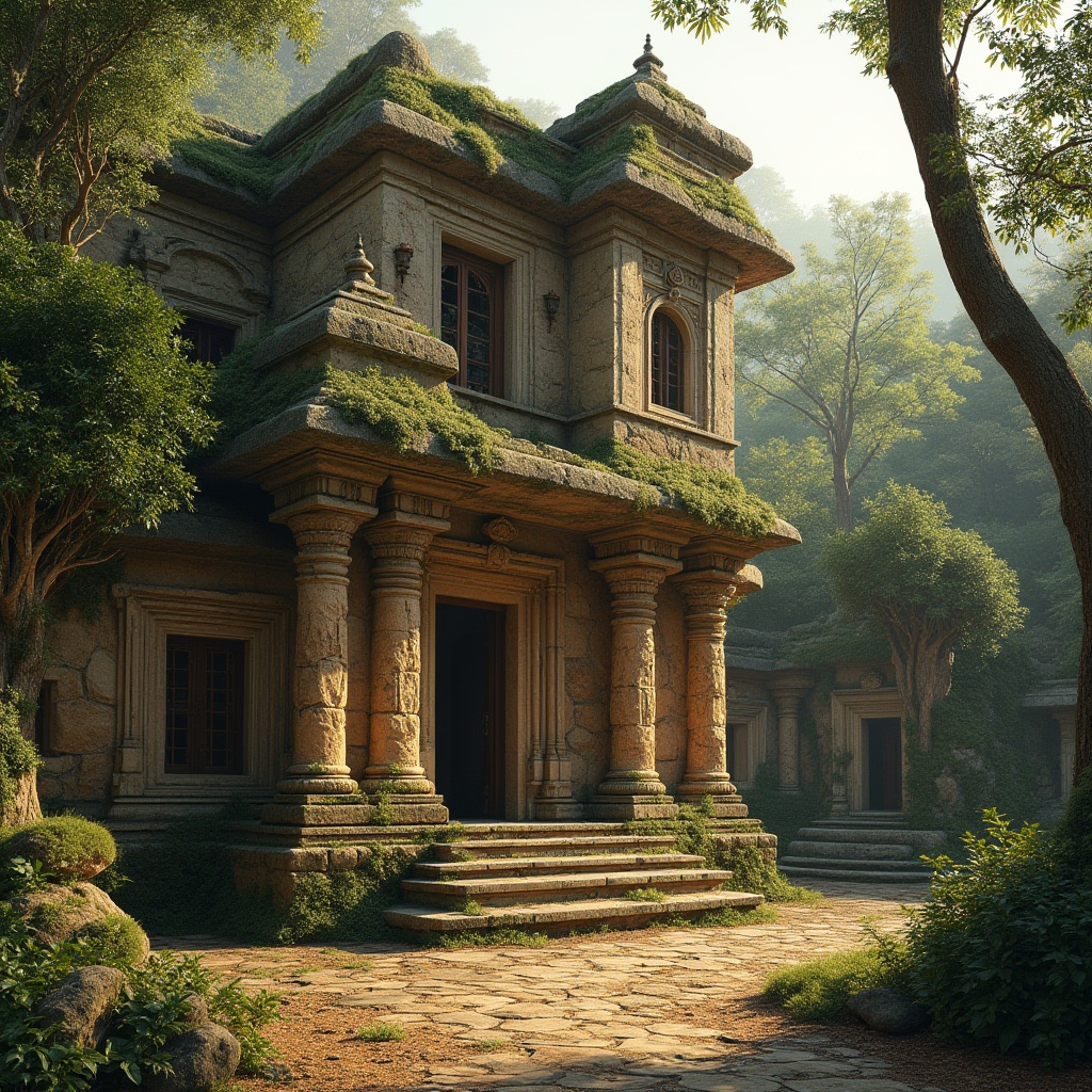 Prompt: Sandstone building, ancient structure, rustic texture, earthy tone, ornate carvings, grand entrance, columns, arches, intricate stonework, weathered exterior, moss-covered walls, surrounded by lush greenery, trees, vines, natural lighting, warm ambient glow, cinematic composition, shallow depth of field, warm color palette.