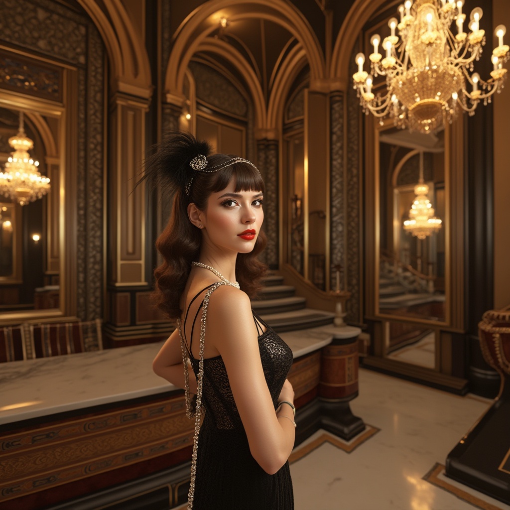 Prompt: Art Deco inspired scene, luxurious ambiance, metallic accents, bold geometric patterns, lavish ornaments, opulent materials, velvet drapes, marble floors, ornate mirrors, extravagant chandeliers, glamorous woman, 1920s fashion, flapper dress, pearl necklace, feathered headpiece, smoky eyes, bold red lips, sophisticated hairstyle, grand staircase, lavish furnishings, intricate moldings, golden lighting, warm atmosphere, cinematic composition, shallow depth of field, retro futuristic vibe.