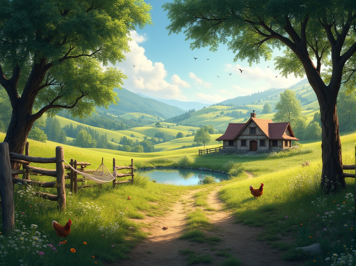 Prompt: Rural landscape, peaceful atmosphere, rolling hills, green pastures, traditional farmhouse, wooden fence, blooming wildflowers, sunny day, warm lighting, few white clouds, birds flying overhead, a small pond reflecting the blue sky, lush trees providing shade, a winding dirt path leading to the farmhouse, a few chickens roaming freely, a hammock hung between two trees, gentle breeze rustling leaves, soft focus, serene composition, natural colors, idyllic scenery.