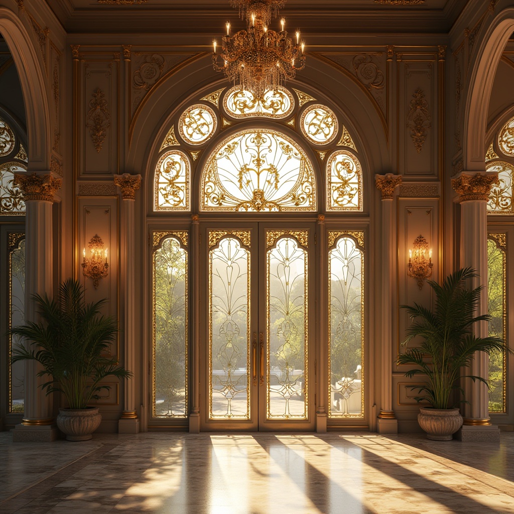 Prompt: Byzantine style villa, grandiose entrance, intricately designed glass door, ornate golden metal frames, majestic arches, exquisite stained glass windows, lavish furnishings, velvet drapes, marble floors, crystal chandeliers, spacious high ceiling, warm ambient lighting, afternoon sun, soft shadows, luxurious atmosphere, majestic architecture, ancient Greek-inspired columns, curved lines, ornate patterns, reflective glass surfaces, transparent textures.