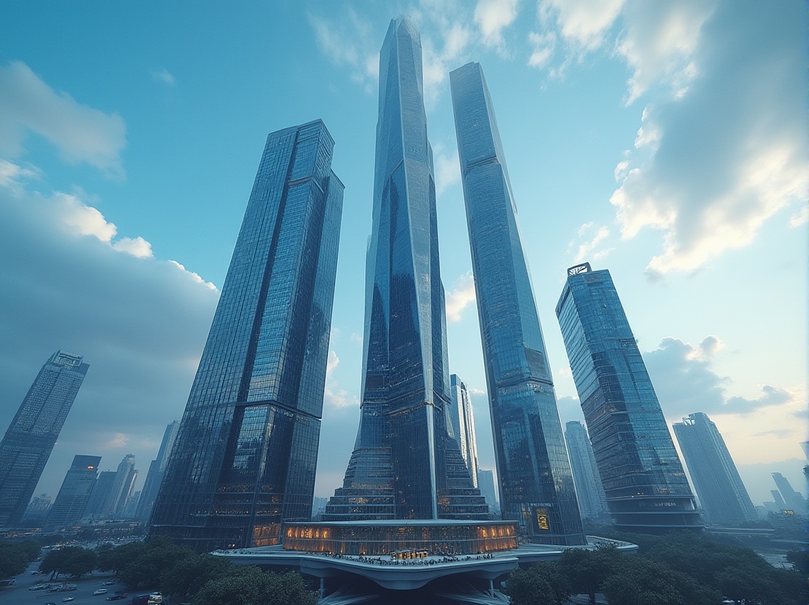 Prompt: Modern skyscraper, futuristic cityscape, towering high-rise building, glass curtain wall facade, sleek metallic framework, reinforced plasticrete material, intricate structural details, urban metropolis backdrop, cloudy blue sky, dramatic lighting, cinematic composition, low-angle shot, depth of field, 3/4 view, architectural visualization.