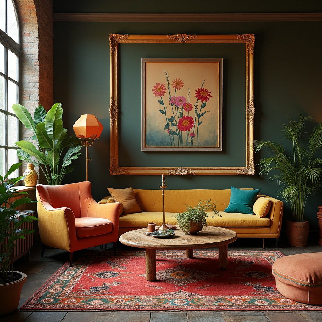 Prompt: Eclectic chic, vintage mixed modern furniture, ornate golden frame, velvet armchair, distressed wooden coffee table, Moroccan tiles, colorful rugs, lush green plants, floor lamps with unique shapes, abstract art pieces, bold colorful walls, natural light pouring in through large windows, warm cozy atmosphere, 3/4 composition, low-key lighting, cinematic mood.