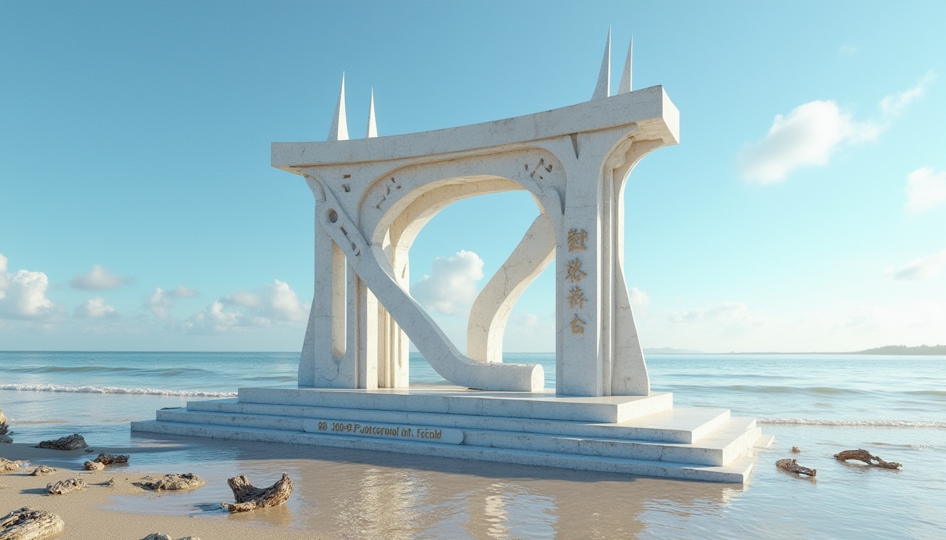 Prompt: Beach monument, Polycarbonate material, transparent, glossy, smooth surface, intricate details, modern architecture, coastal scenery, sunny day, blue sky, few white clouds, strong sunlight, warm ambient lighting, shallow water, gentle waves, sandy beach, pebbles, seashells, driftwood, majestic monument structure, sturdy pillars, curved lines, geometric shapes, abstract patterns, weathered texture, rough stone foundation, monumental inscription, commemorative plaque.