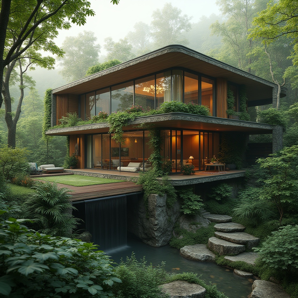 Prompt: Modern Bauhaus villa, surrounded by lush greenery, integrating nature with architecture, large windows, sliding glass doors, blending indoor outdoor spaces, natural materials, wood accents, stone walls, curved lines, minimal ornamentation, functional simplicity, plants overflowing from balconies, vines crawling up walls, a small waterfall cascading down a side of the building, a serene forest landscape, misty morning atmosphere, soft warm lighting, 3/4 composition, shallow depth of field.