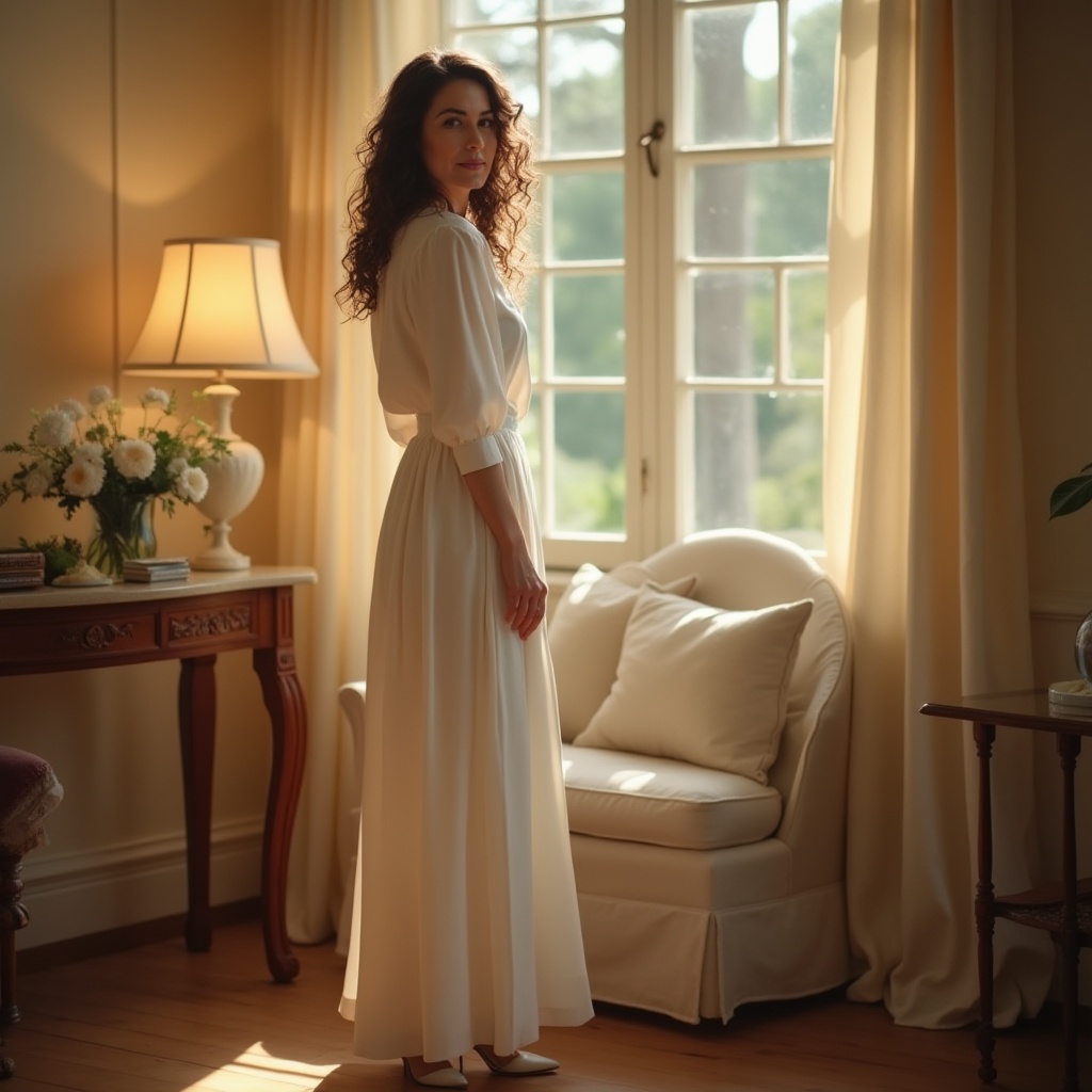 Prompt: Gainsborough-inspired interior design, elegant mature lady, 30s, standing, soft warm lighting, gentle smile, curly brown hair, minimal makeup, white blouse, long flowing skirt, high heels, holding a vintage-style lamp, beige walls, wooden floor, large window with curtains, flowers on the table, afternoon sunbeams, calm atmosphere, soft focus, shallow depth of field, filmic color grading, warm tone, soft shadows.