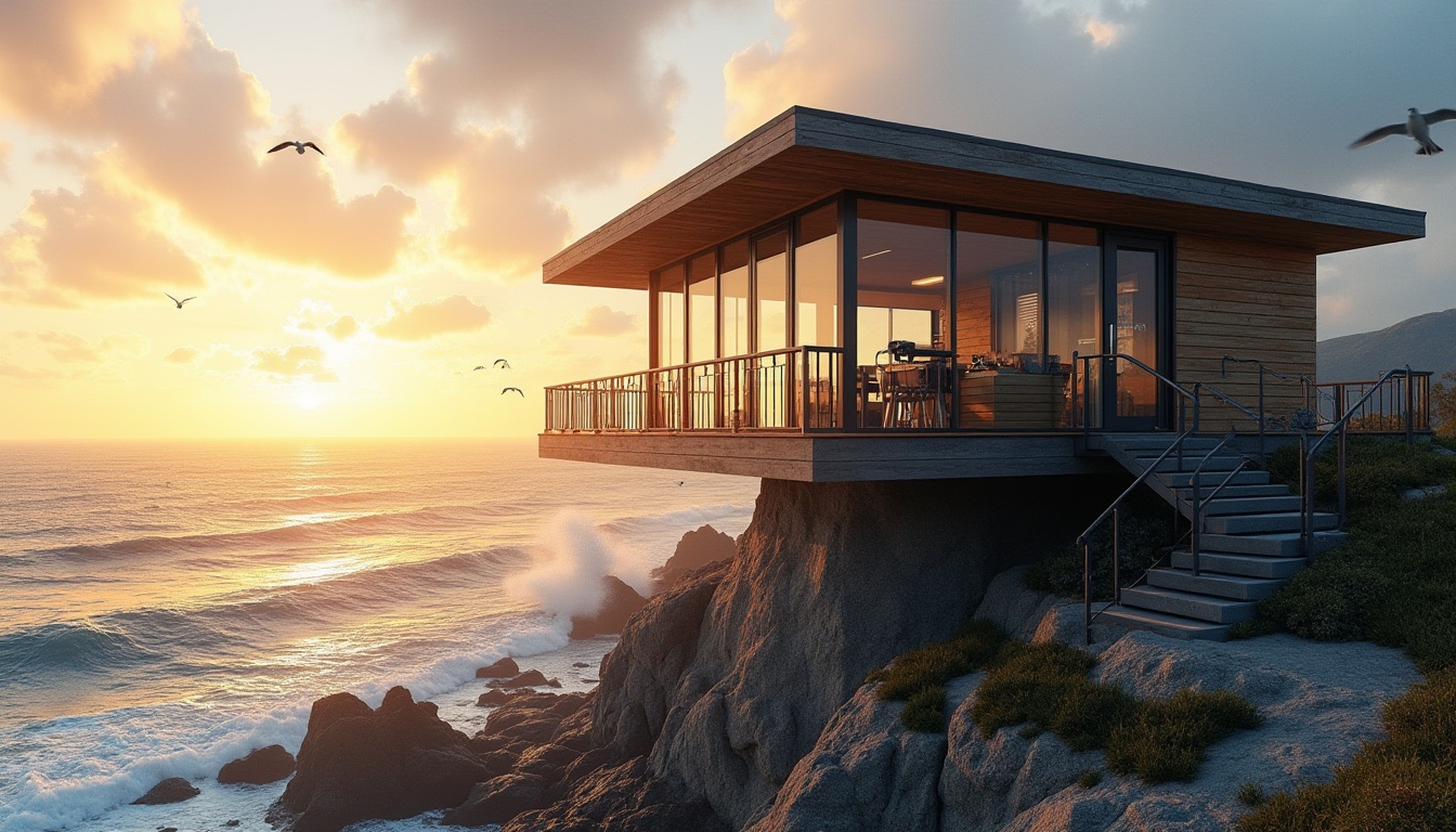 Prompt: Coastal watching tower, modern architecture, sleek lines, minimalist design, floor-to-ceiling windows, panoramic ocean view, wooden accents, natural textures, stone foundation, spiral staircase, observation deck, binoculars, nautical instruments, weathered metal railings, seagulls flying overhead, crashing waves, rocky coastline, dramatic sunset, warm golden lighting, cinematic composition, 3/4 angle shot.