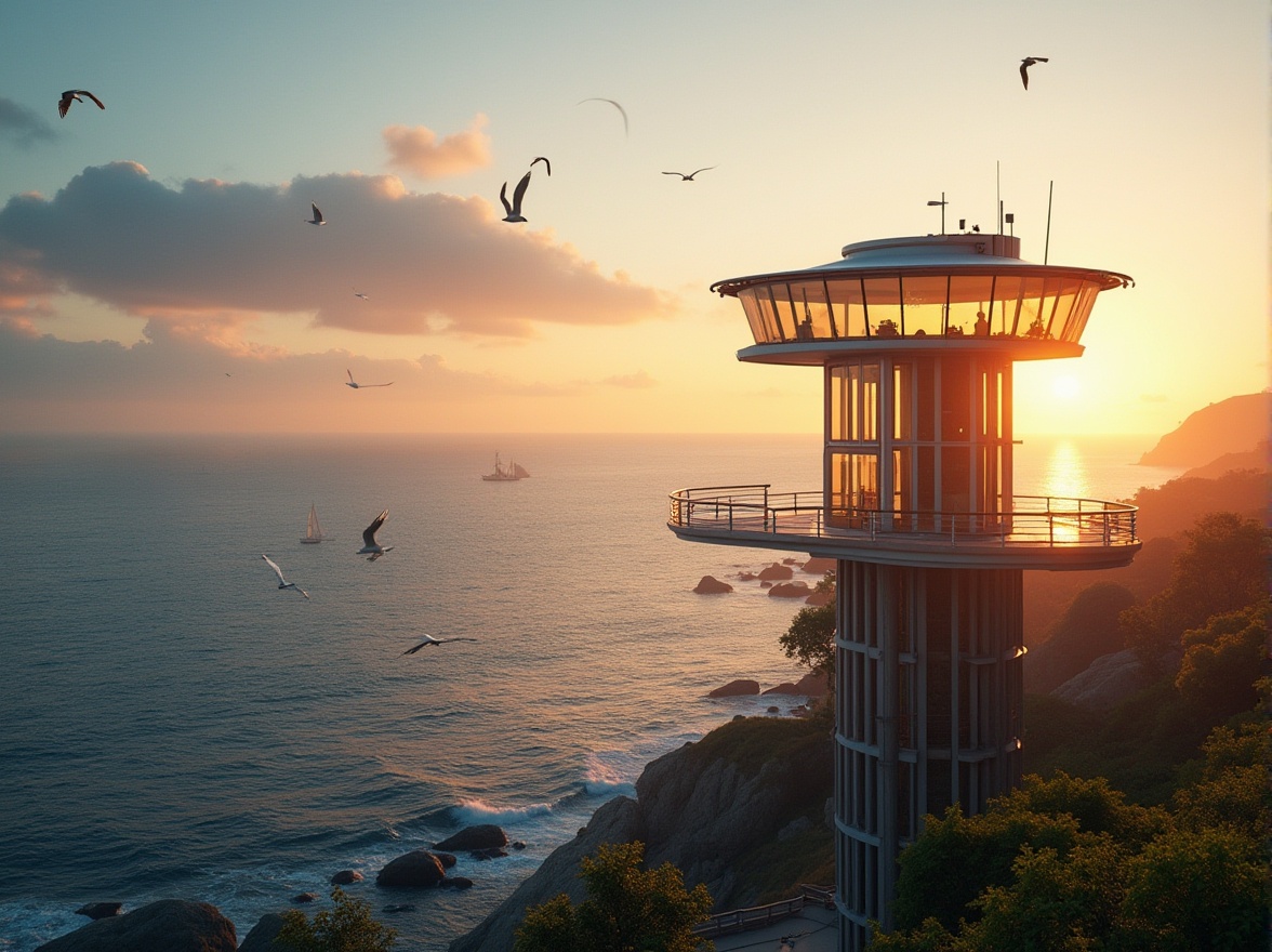 Prompt: Coastal watching tower, modern architecture, sleek design, steel structure, glass walls, wooden accents, observation deck, binoculars, scenic ocean view, sunset time, warm golden light, seagulls flying overhead, gentle sea breeze, waves crashing against the shore, rocky coastline, lush green vegetation, distant sailboats, misty atmosphere, soft focus, shallow depth of field, cinematic composition, high-angle shot.