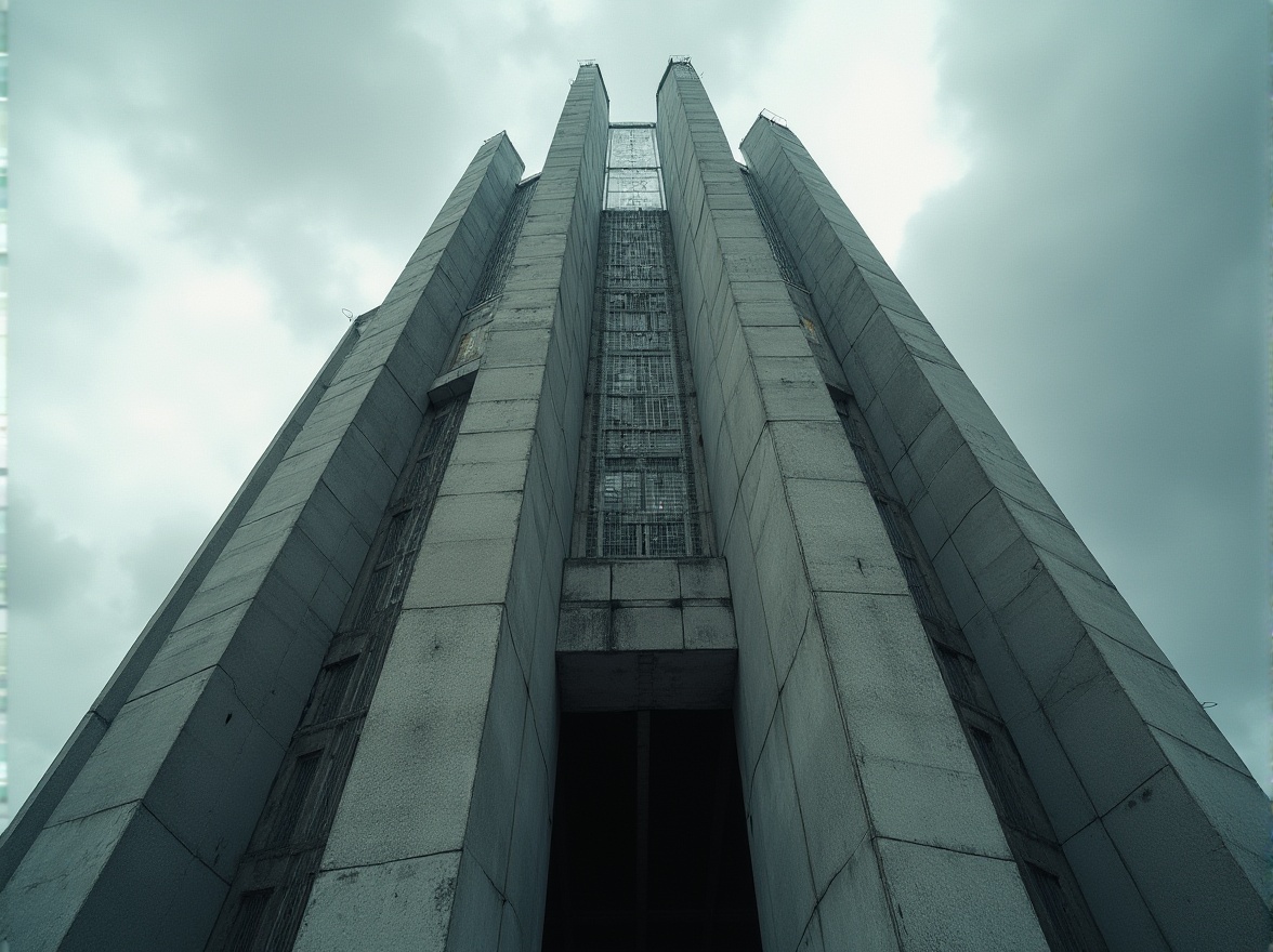 Prompt: Brutalist skyscraper, concrete material, rugged texture, geometric structure, fortress-like shape, imposing presence, urban jungle setting, cloudy sky with dramatic lighting, strong contrast between light and shadow, close-up shot of intricate details, 3/4 composition emphasizing the building's massiveness, cinematic mood with a sense of power, brutalist architectural style, raw concrete columns, minimalist windows, bold angular lines, industrial atmosphere, futuristic tone.