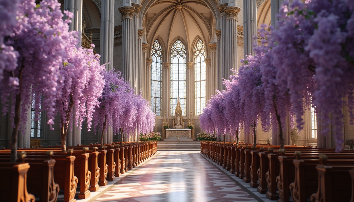 Prompt: Wisteria purple flowers, delicate petals, cascading down, elegant church interior, grand altar, ornate pillars, stained glass windows, soft natural light, warm ambiance, serene atmosphere, romantic aisle, beautiful floral arrangements, luxurious velvet drapes, intricate stone carvings, majestic wooden pews, solemn statues, subtle golden accents, peaceful ambiance, devotional setting, inspirational quotes, gentle shadows, harmonious composition.