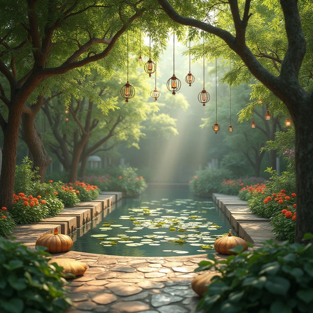 Prompt: Serene outdoor healing space, lush greenery, natural stone flooring, tranquil pond with lily pads, colorful blooming flowers, wooden benches, lanterns hanging from tree branches, gentle mist, warm sunlight filtering through leaves, peaceful atmosphere, nature sounds, birds chirping, soft breeze, calming ambiance, meditation area, yoga mats, candles, essential oil diffusers, natural wood accents, woven hammocks, vibrant plants, water features, soothing colors, harmony with nature.