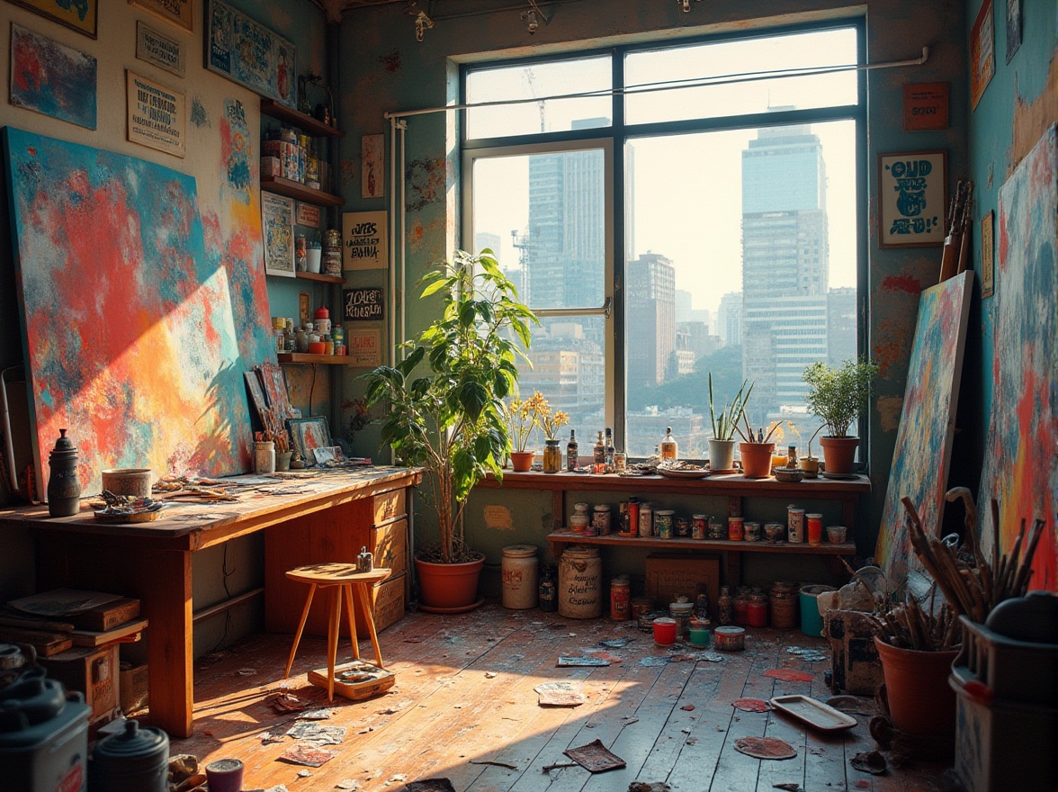 Prompt: Vibrant color palette, modern art studio, abstract painting, artistic messy desk, scattered paint tubes, colorful brushes, creative chaos, inspiring quotes on walls, wooden floor, natural light, plants, industrial windows, cityscape view, warm afternoon, soft shadows, 3/4 composition, cinematic lighting.