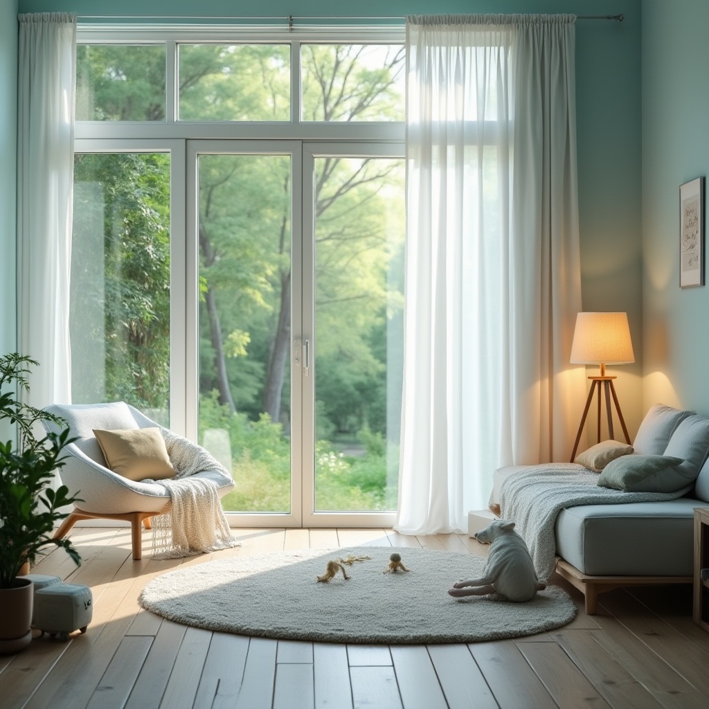 Prompt: Calming ambiance, baby blue walls, soft white curtains, floor-to-ceiling windows, natural light pouring in, serene forest view, lush greenery, wooden floor, minimalist decor, a few scattered toys, plush area rug, comfortable couch, pillows in gentle hues, subtle texture, cozy reading nook, warm lamp lighting, peaceful atmosphere, relaxing mood, nature-inspired accents, soft focus, shallow depth of field.