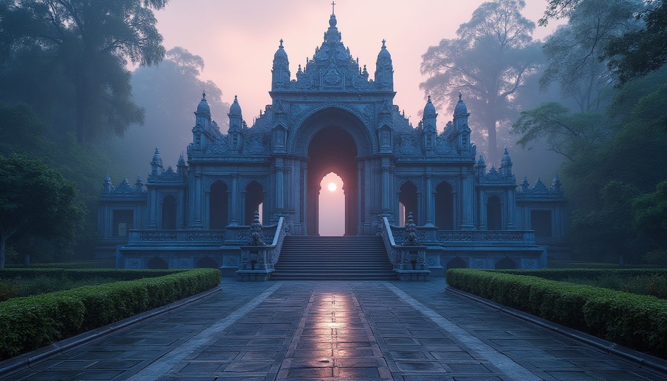 Prompt: Ancient monument, blue violet granite, intricately carved, ornate details, Gothic architecture, majestic entrance, grand staircase, sprawling gardens, misty morning, soft golden lighting, dramatic shadows, 3/4 composition, atmospheric perspective, mystical ambiance, subtle gradient effects.