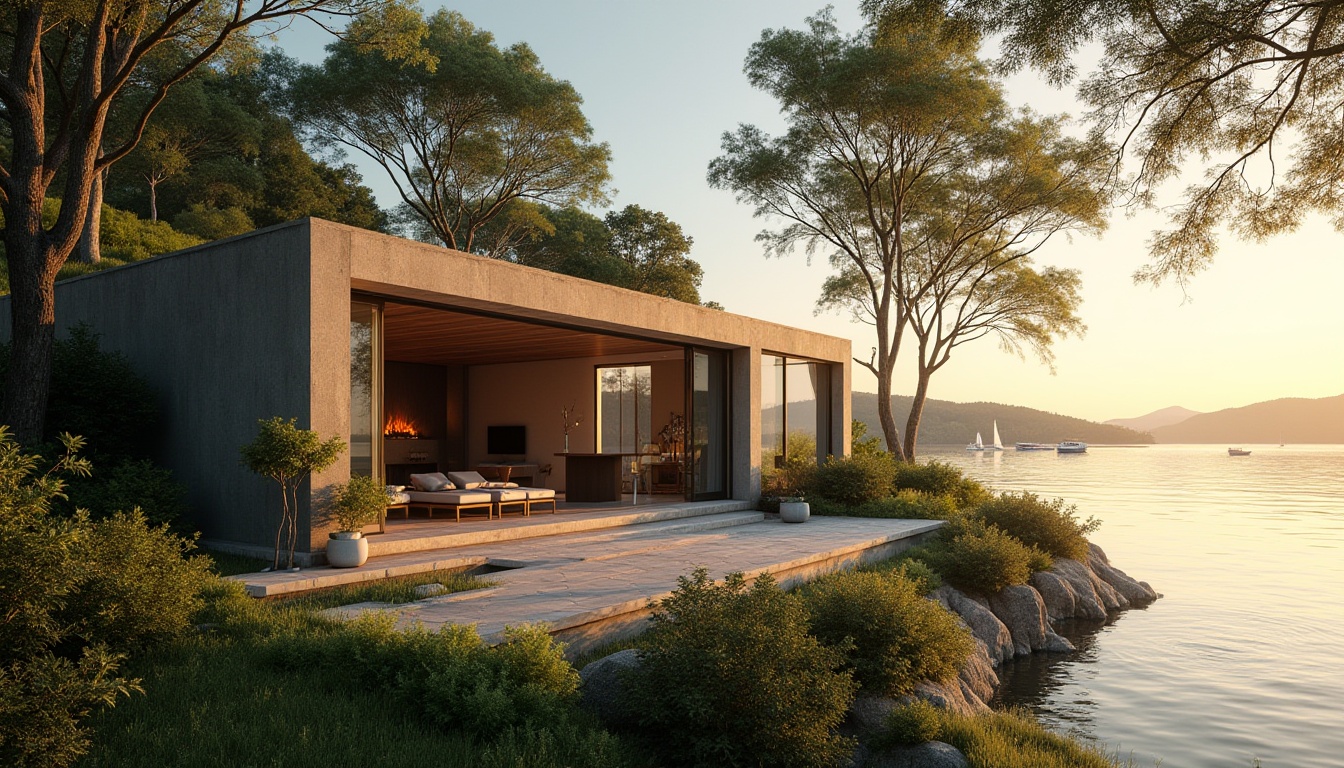 Prompt: Lakefront modern villa, sleek lines, minimal ornamentation, large windows, sliding glass doors, La Vaccrete material facade, rough texture, earthy tone, natural landscape integration, surrounded by lush greenery, tall trees, overhanging branches, serene lake view, calm water reflection, sailboats and speedboats in the distance, warm sunset lighting, 3/4 composition, shallow depth of field, cinematic atmosphere, soft focus on background, realistic rendering.