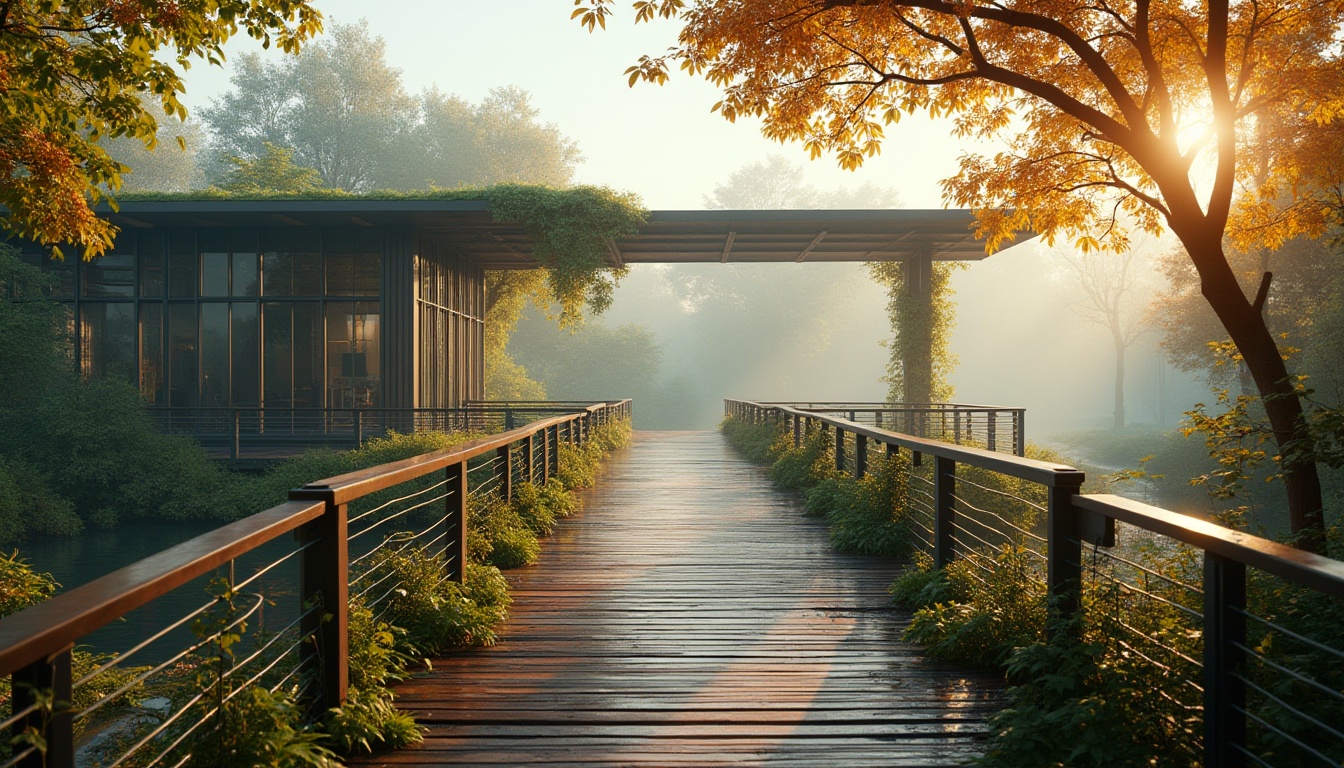 Prompt: Sustainable pedestrian bridge, modern minimalist architecture, steel structure, wooden deck, green roofing, vines crawling up pillars, natural lighting, misty morning atmosphere, gentle river flowing beneath, lush vegetation surrounding, autumn leaves changing colors, warm sunlight casting long shadows, 3/4 composition, shallow depth of field, cinematic ambiance, eco-friendly materials, recycled wood accents, solar panels integrated into handrails, soft misty background, tranquil atmosphere.