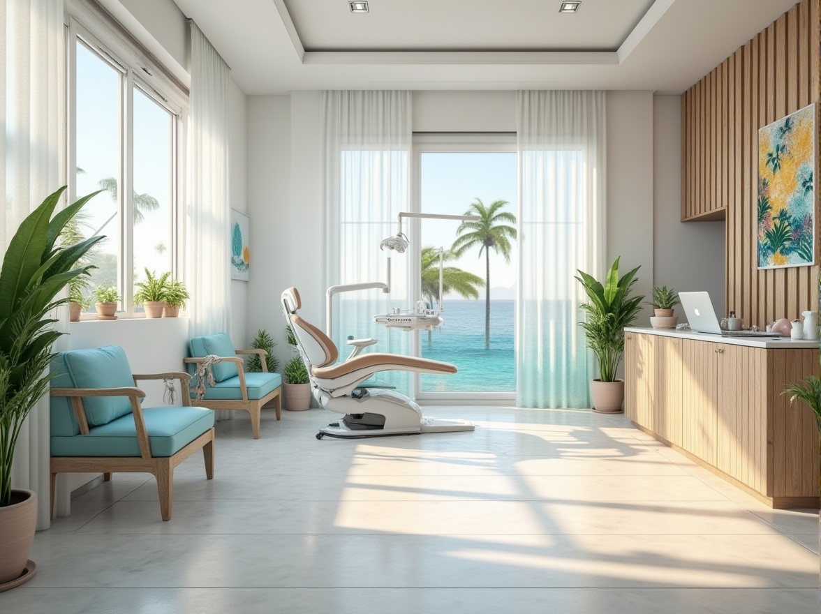 Prompt: Beach-inspired dental clinic, calm ambiance, white walls, wooden accents, wavy patterned flooring, ocean-blue chairs, driftwood reception desk, potted palm trees, fish-shaped decorations, seashell-patterned curtains, soft natural lighting, calming sound of waves, dentist in beach-themed uniform, relaxed patients, beach balls, tropical plants, sunny window view, minimalistic interior design, modern dental equipment, clean lines, coral-inspired artwork.