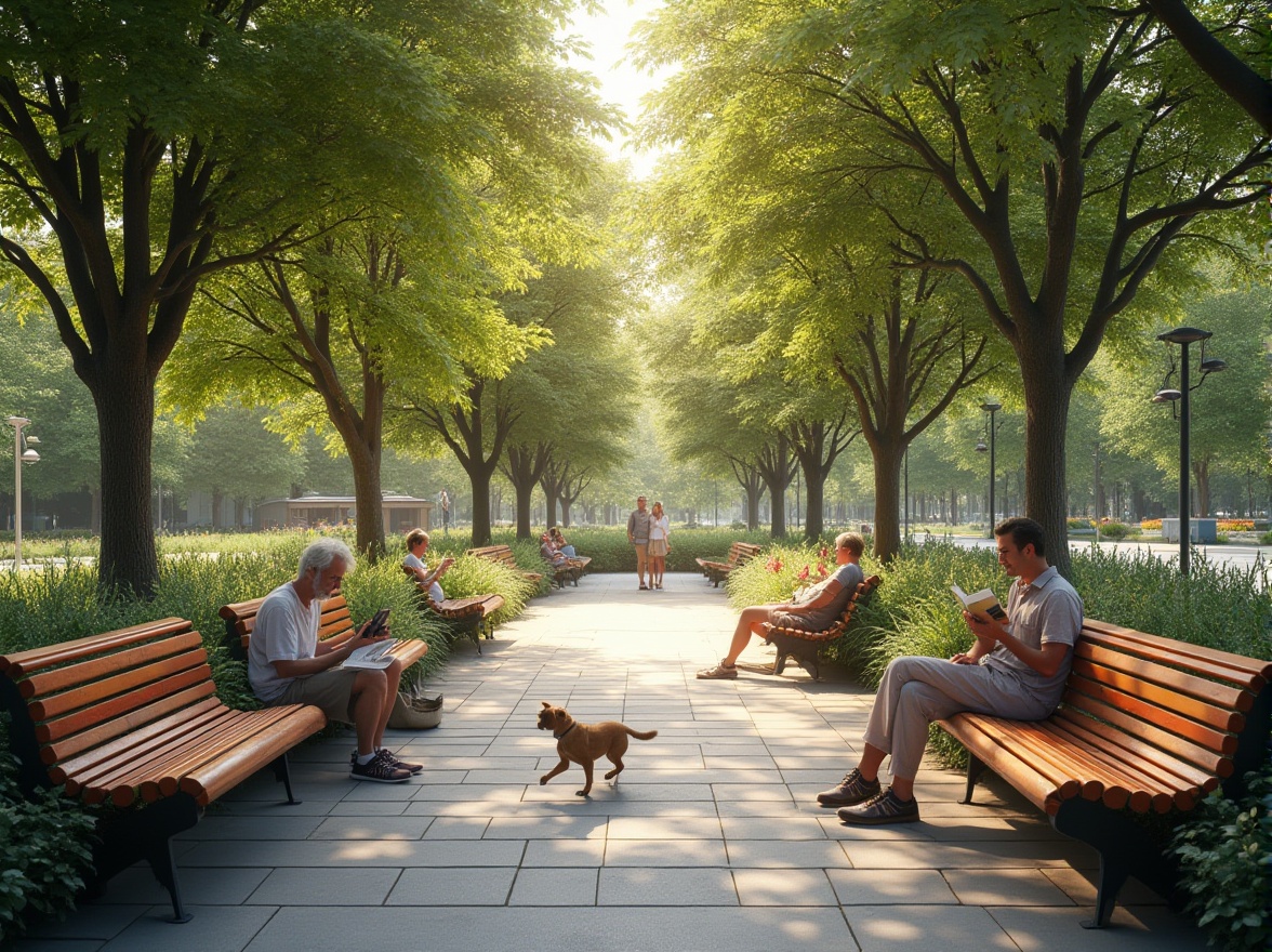 Prompt: Corrugated metal, park benches, modern urban design, durable material, rust-resistant coating, nature-inspired surroundings, greenery, trees, flower beds, walking paths, serene atmosphere, soft natural lighting, warm color tone, people relaxing, reading books, children playing, pets running around, sunny day, gentle breeze.