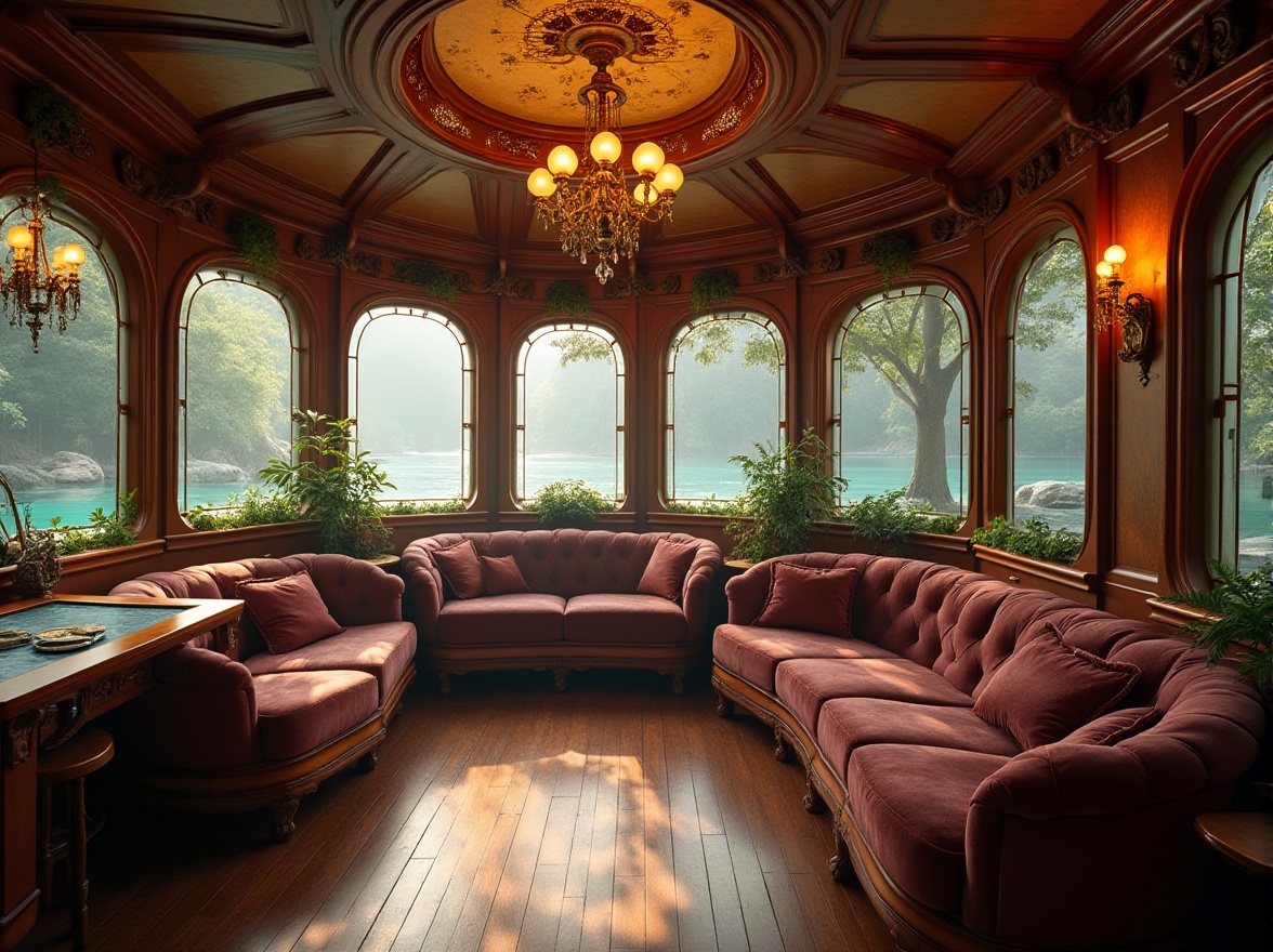 Prompt: Art Nouveau boathouse, luxurious interior, curved lines, ornate decorations, functional spaces, wooden accents, vintage nautical instruments, elegant chandelier, plush velvet sofas, intricately carved wooden panels, stained glass windows, soft warm lighting, water reflections, lake or river surroundings, lush greenery, misty morning atmosphere, 3/4 composition, cinematic framing, shallow depth of field.