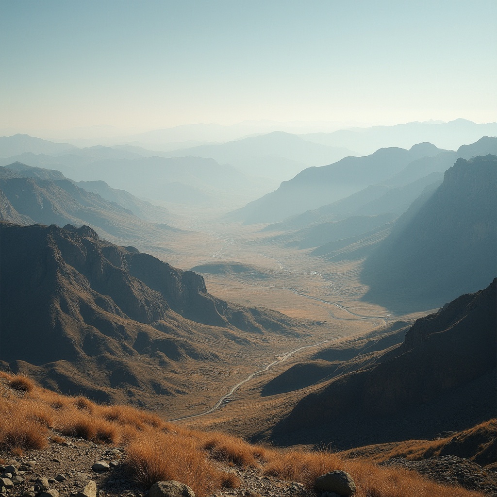 Prompt: High-altitude plateau landscape, vast open spaces, rolling hills, unique rock formations, sparse vegetation, rare species of flora, limited infrastructure, rugged terrain, harsh climate, strong winds, low oxygen levels, dramatic lighting, cinematic composition, panoramic view, misty atmosphere, atmospheric perspective, depth of field, natural colors, earth tones, realism.