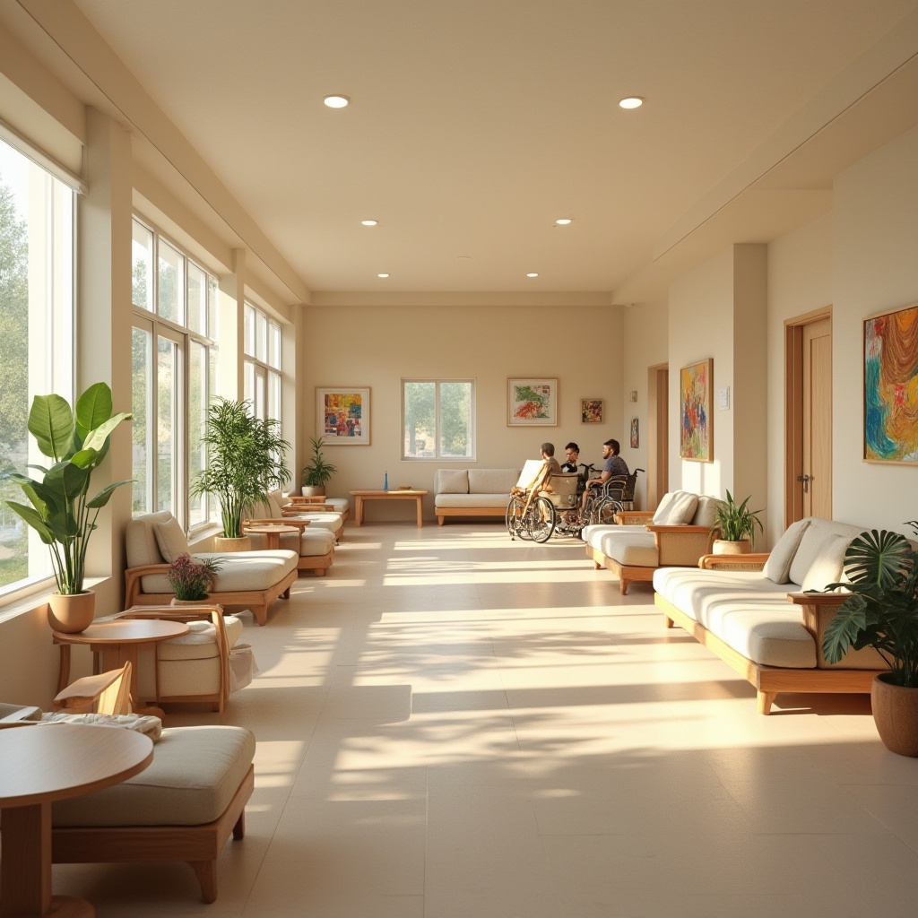 Prompt: Rehabilitation center interior, wheelchair-accessible ramps, gentle curves, soothing colors, natural light pouring through floor-to-ceiling windows, soft fabric couches, wooden tables with rounded edges, potted plants, abstract artwork on walls, warm beige tones, calming ambiance, patients engaging in art therapy, colorful paints, brushes, canvases, easels, inspirational quotes on walls, subtle texture, comfortable seating areas, peaceful atmosphere, natural materials, minimalist decor, gentle lighting, 3/4 composition, soft focus, warm color palette.