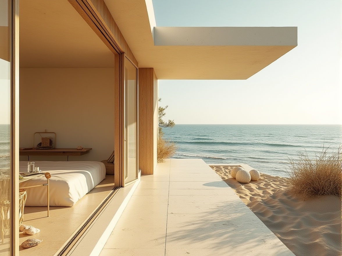 Prompt: Coastal villa, modern minimalist style, light yellow exterior walls, large windows, sliding glass doors, wooden accents, beachy atmosphere, sandy dunes, seashells, driftwood, ocean views, sunny day, warm soft lighting, gentle sea breeze, 3/4 composition, shallow depth of field, Mediterranean coast, Greek islands, natural textures, rustic wood, ceramic tiles, cozy ambiance, peaceful surroundings.