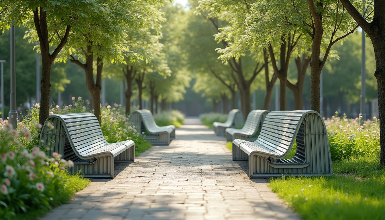 Prompt: Corrugated metal, park benches, outdoor furniture, modern design, silver color, rust-resistant, durable material, low maintenance, eco-friendly, recycled material, urban landscape, city park, green grass, blooming flowers, walking paths, shade trees, sunny day, natural lighting, 3/4 composition, soft focus, realistic render.