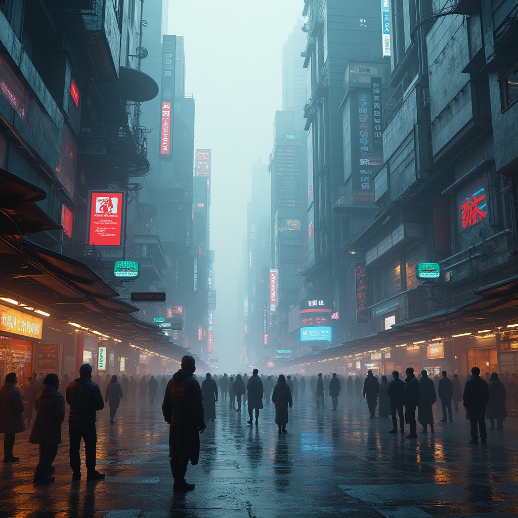 Prompt: Futuristic cityscape, urban constructivism style, skyscrapers, metallic materials, neon lights, vibrant colors, geometric shapes, abstract structures, 3D holographic advertisements, bustling streets, crowded sidewalks, diverse pedestrians, avant-garde fashion, cyberpunk atmosphere, misty fog, atmospheric perspective, cinematic composition, low-angle shot, dramatic lighting, high-contrast color palette.