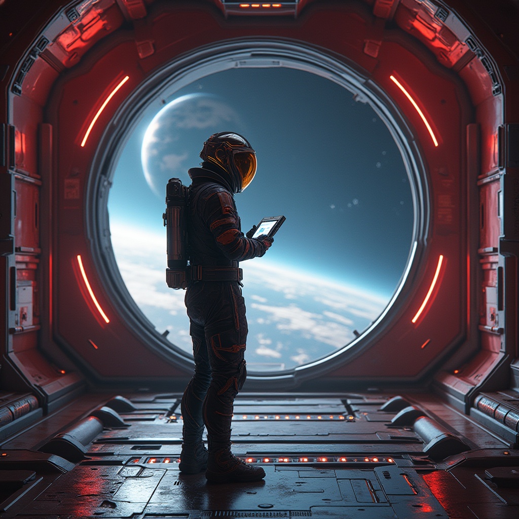 Prompt: Futuristic space station, maroon accents, metallic walls, neon lights, holographic displays, sleek lines, minimalist decor, high-tech gadgets, astronaut in a black and silver spacesuit, helmet with golden visor, maroon stripes on the sleeves, holding a futuristic tablet, standing in front of a massive circular window, Earth visible in the distance, stars twinkling, soft ambient lighting, 3/4 composition, cinematic atmosphere.