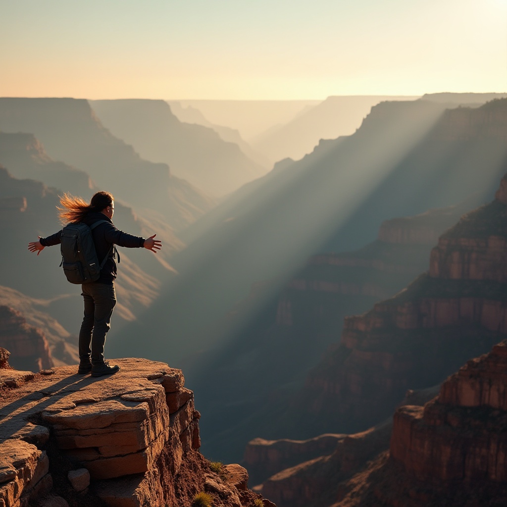 Prompt: Grand Canyon, majestic natural wonder, vast expanse, deep valley, rocky cliffs, layered earth tones, warm golden light, dramatic shadows, misty atmosphere, serene ambiance, solo figure, standing at the edge, arms outstretched, wind-swept hair, casual outfit, hiking boots, backpack, contemplative expression, panoramic view, breathtaking composition, cinematic lighting, 3/4 shot, natural texture, earthy material, rustic structure.