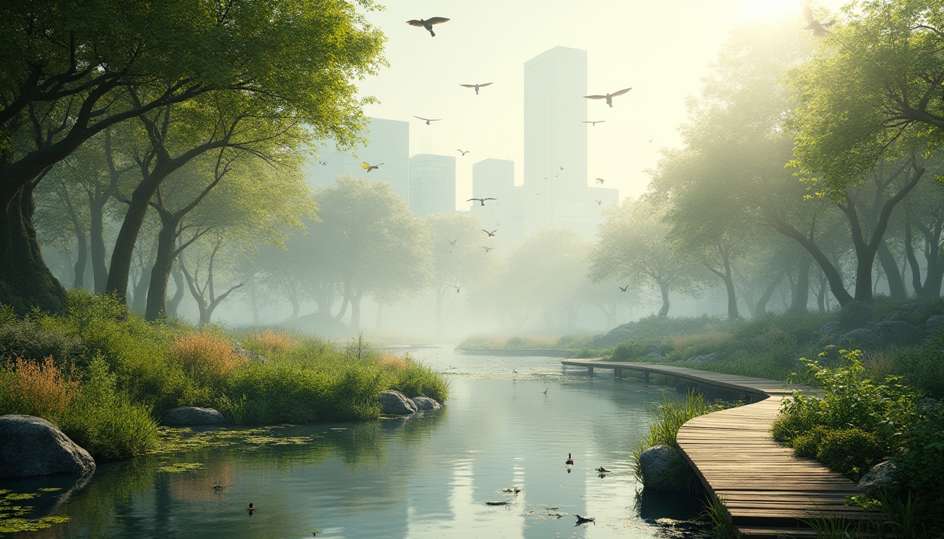 Prompt: Urban wetland design, futuristic cityscape, serene atmosphere, lush green vegetation, diverse aquatic life, birds flying overhead, sunlight filtering through misty air, calm water reflections, wooden walkways, natural stone benches, urban skyscrapers in the distance, foggy morning, warm lighting, 3/4 composition, shallow depth of field.