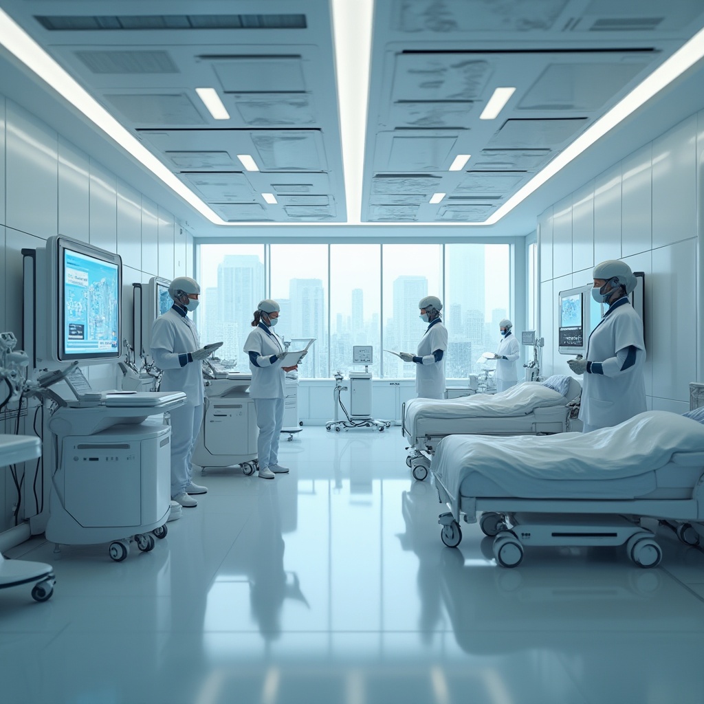 Prompt: Futuristic clinic, sleek lines, metallic materials, glass facades, neon lights, minimalist interior, sterile white walls, modern medical equipment, holographic displays, futuristic nurse uniforms, robots assisting patients, calm atmosphere, soft ambient lighting, shallow depth of field, cinematic composition, 3/4 view, futuristic cityscape in the background.