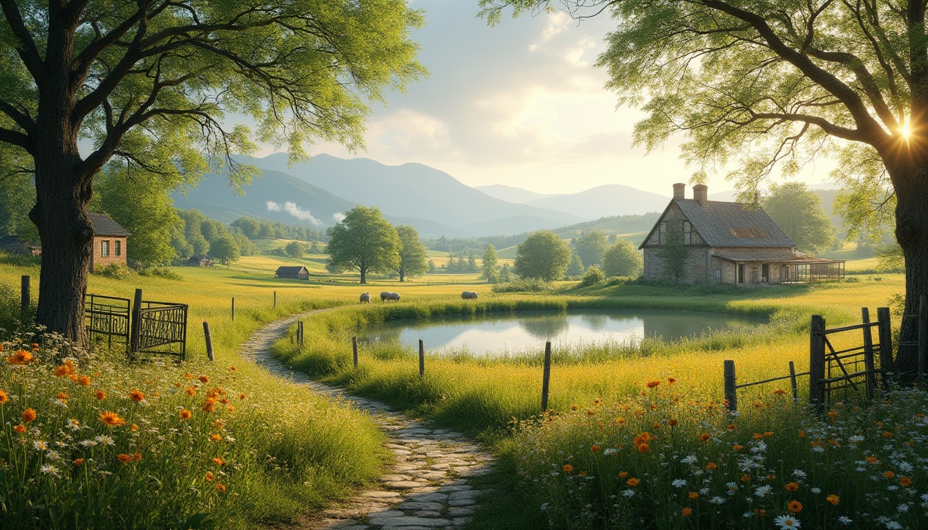 Prompt: Rural landscape, serene atmosphere, lush green grass, wildflowers blooming in vibrant colors, a meandering stone path, old rustic wooden fence, vintage metal gate, scattered trees with intricate branches, a few sheep grazing peacefully, a small pond reflecting the sky, surrounded by tall reeds, warm soft sunlight filtering through the leaves, gentle breeze rustling the wheat, peaceful farmhouses with smoke rising from chimneys, rolling hills in the distance, misty mountains on the horizon, 3/4 composition, panoramic view, cinematic lighting, depth of field.