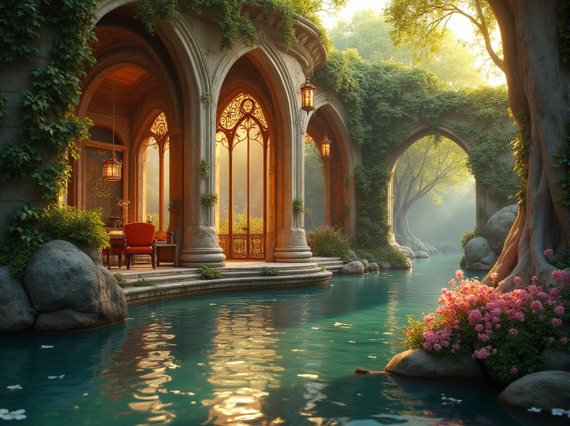 Prompt: Sinuous lines, flowing curves, organic forms, ornate decorations, elegant ironwork, stained glass windows, asymmetrical composition, natural materials, wooden accents, rivets details, water reflections, lake or river surroundings, lush greenery, vines crawling up walls, blooming flowers, warm golden lighting, late afternoon sun, 3/4 composition, soft focus, dreamy atmosphere, impressionist brushstrokes.