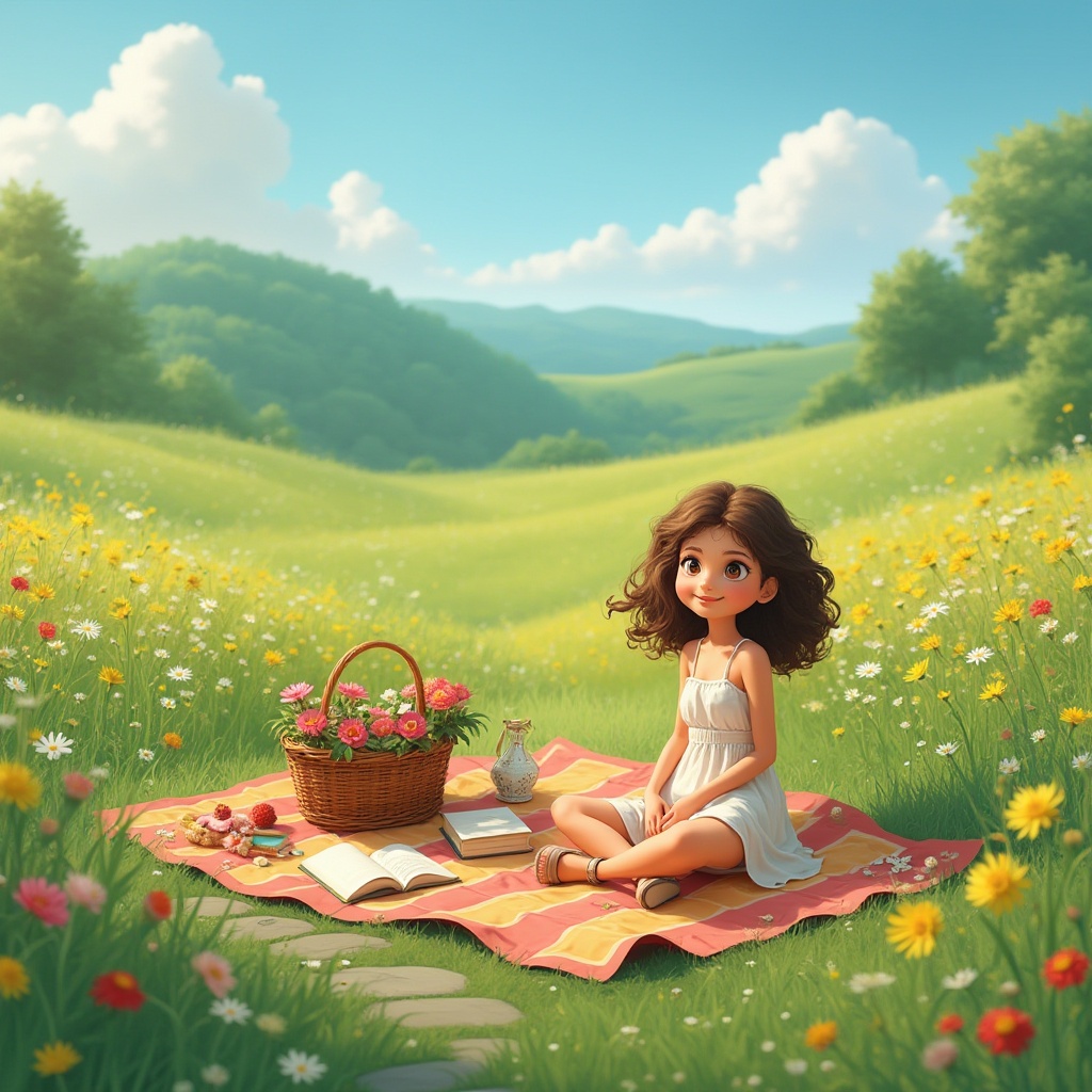 Prompt: Serene meadow landscape, lush green grass, vibrant wildflowers of various colors, gentle breeze, sunny day, few puffy white clouds, a small winding stone path, a lone girl with curly brown hair, bright smile, warm skin tone, casual attire, flowy sundress, sandals, sitting cross-legged on a colorful picnic blanket, surrounded by a wicker basket, flowers, and a few books, relaxed posture, gentle hand gestures, warm golden lighting, soft focus, 3/4 composition, depth of field, natural ambiance.