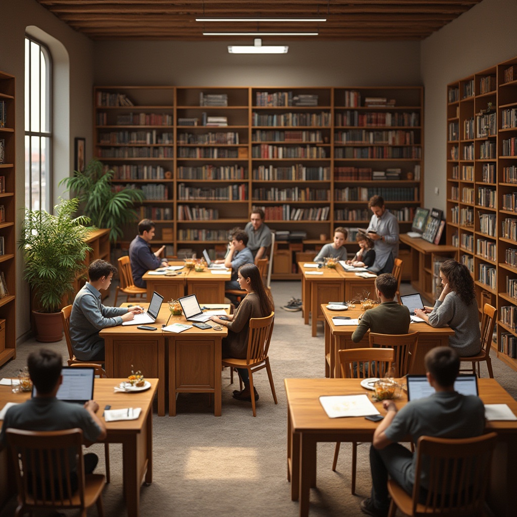 Prompt: Educational space, brown color scheme, wooden tables, chairs, bookshelves, warm atmosphere, cozy library, learning area, students studying, laptops, notebooks, pencils, professor teaching, green plants, natural light, large windows, soft carpet, comfortable seating, calm ambiance, 3/4 composition, warm lighting.