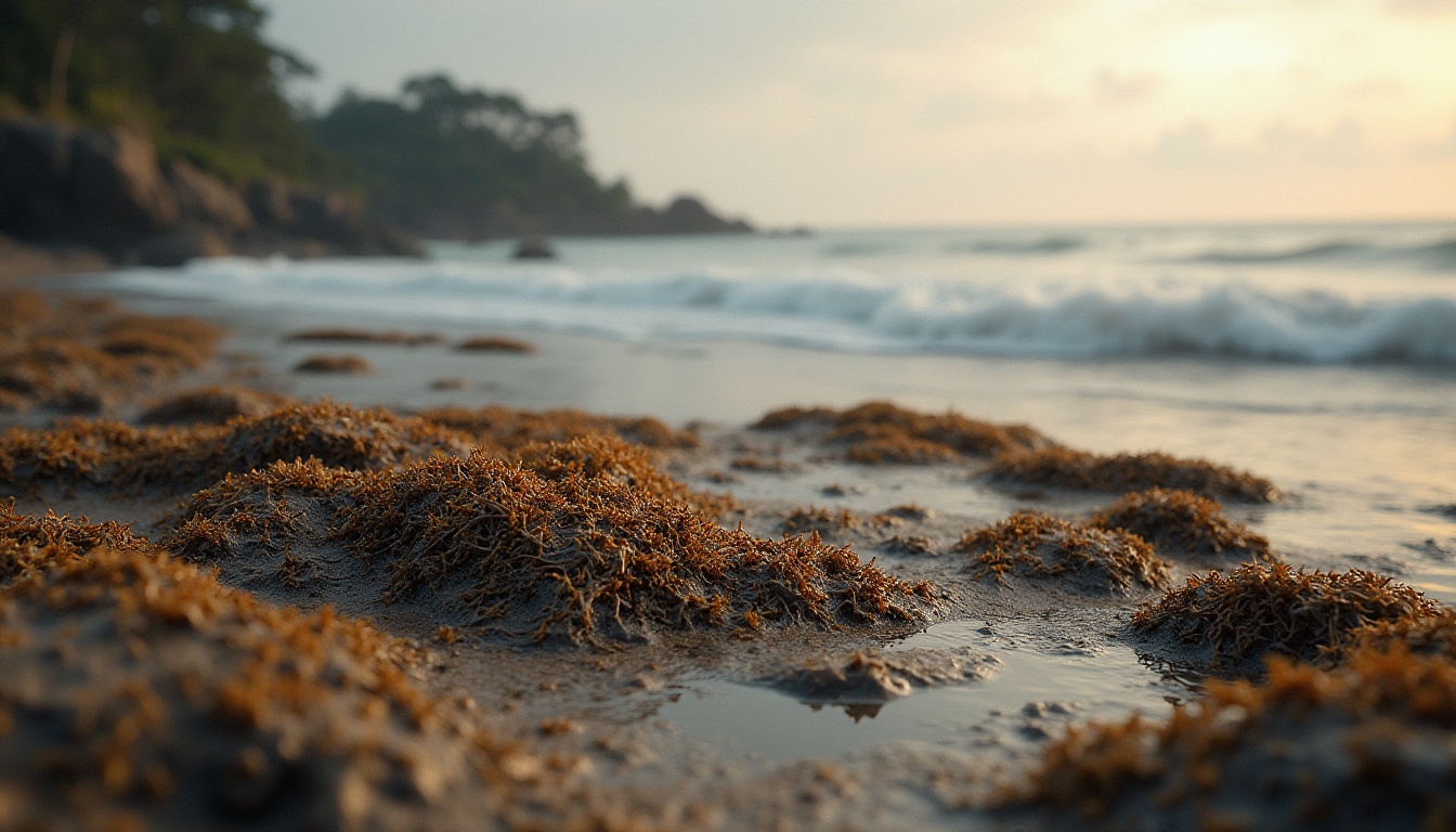 Prompt: Coastal scenery, muddy terrain, sustainable design, eco-friendly material, natural texture, earthy color palette, organic structure, wavy seaweed, driftwood, ocean spray, misty atmosphere, warm soft lighting, cinematic composition, low-angle shot, 3/4 view.