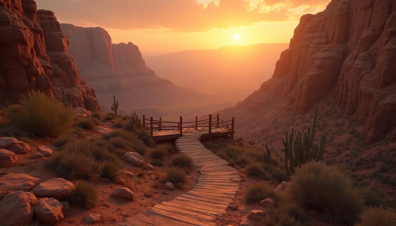 Prompt: Canyon-inspired atmosphere, vast desert landscape, majestic rocky cliffs, deep valley, warm orange sunset light, layered rock formations, sparse cacti, winding dusty trail, abandoned old wooden bridge, worn stone stairs, rusty metal railings, ancient petroglyphs on walls, eerie silence, soft warm breeze, cinematic composition, atmospheric fog, golden hour lighting, 3/4 view angle.