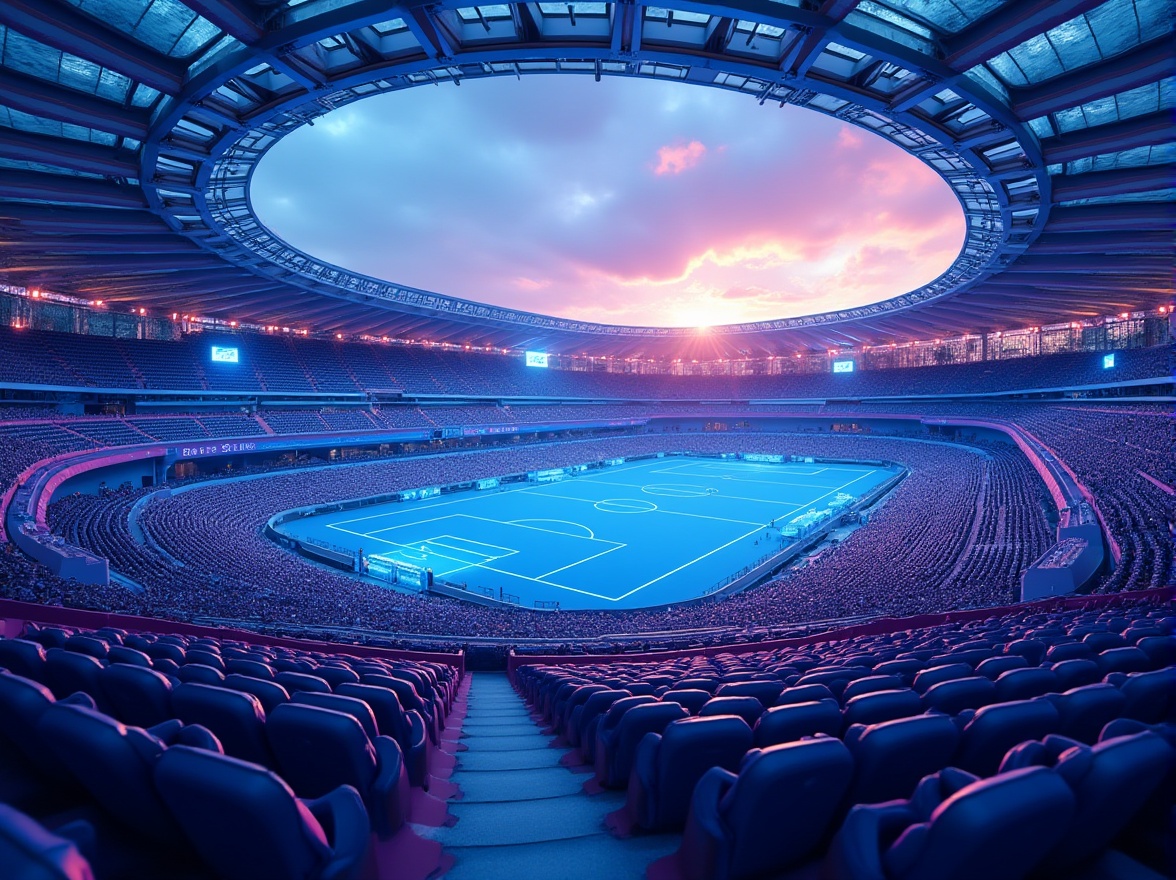 Prompt: Modern stadium, blue violet dominant color scheme, futuristic architecture, sleek lines, geometric shapes, neon lights, vibrant atmosphere, excited crowd, sports event, evening time, panoramic view, 3/4 composition, soft focus, shallow depth of field, blurred background, dramatic lighting, cinematic mood, abstract patterns on the seats, dynamic texture on the walls, metallic structure, transparent roof, open space design, urban landscape, cityscape, distant skyscrapers, sunset glow.