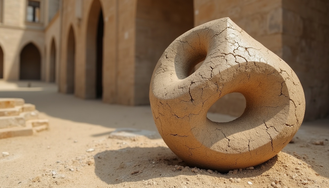 Prompt: Sand-casted sculpture, modern art, abstract shape, rough texture, natural earth tone, metallic undertone, intricate patterns, detailed cracks, outdoor installation, sunny day, soft shadows, warm lighting, minimalist composition, shallow depth of field, rustic background, artistic expression, organic feel, coarse surface, weathered appearance.