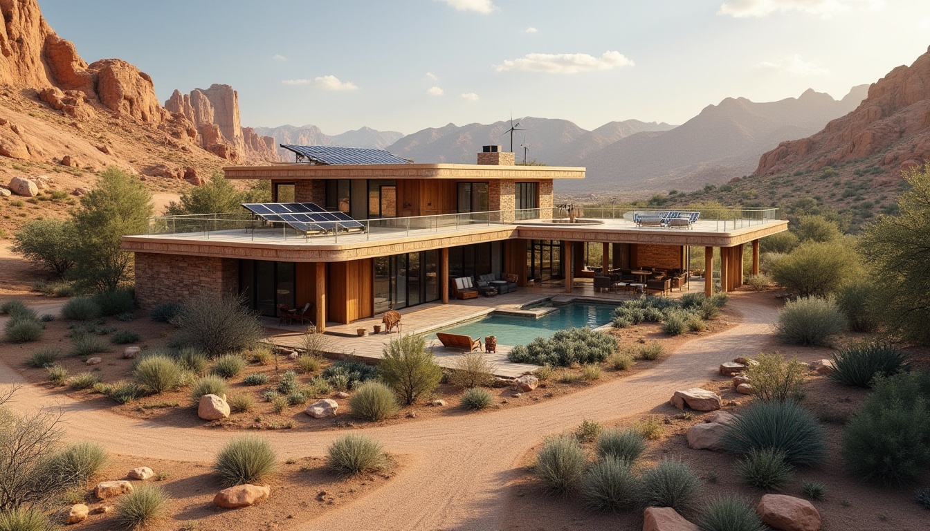 Prompt: Canyon architecture, adapting to climate, desert landscape, rugged terrain, sandy dunes, rocky formations, earthy tones, natural materials, stone walls, wooden accents, curved lines, organic shapes, overhanging roofs, shaded windows, solar panels, wind turbines, water harvesting system, green roofs, xeriscaping, succulent plants, cacti, native trees, dramatic lighting, warm colors, cozy atmosphere, panoramic view, 3/4 composition, soft focus.